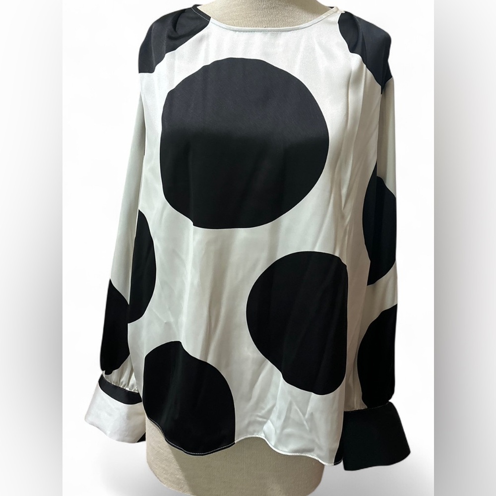 Worthington Satin Polka Dot Blouse Black White Long Sleeve NWT Size XL